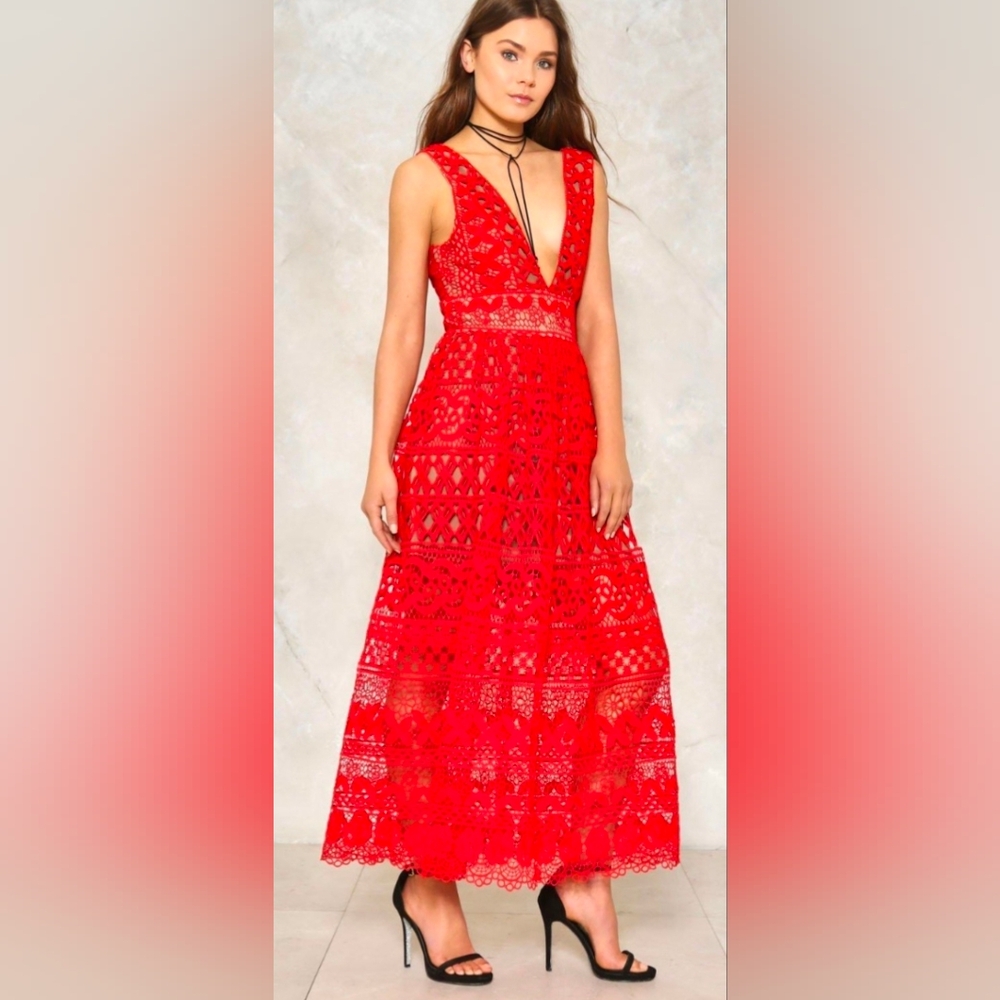 Nasty Gal NWT Isobel Red Crochet Lace Maxi Dress Sz Small Isobel Sheer Boho - Picture 2 of 15